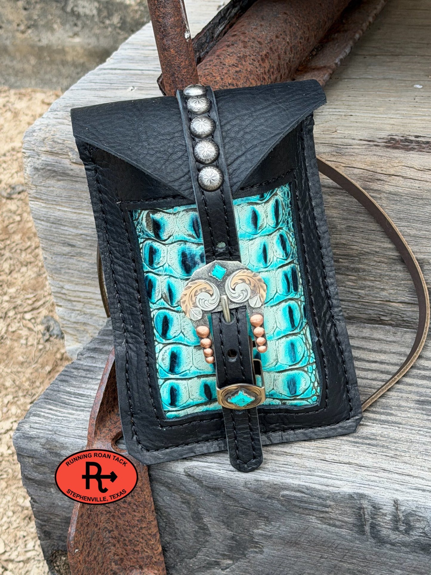 Black Leather Mini Saddle Bag with Turquoise Croc Inlay and German Silver Buckle for Phone, Keys, Roping Powder, etc Minibag03022026-04