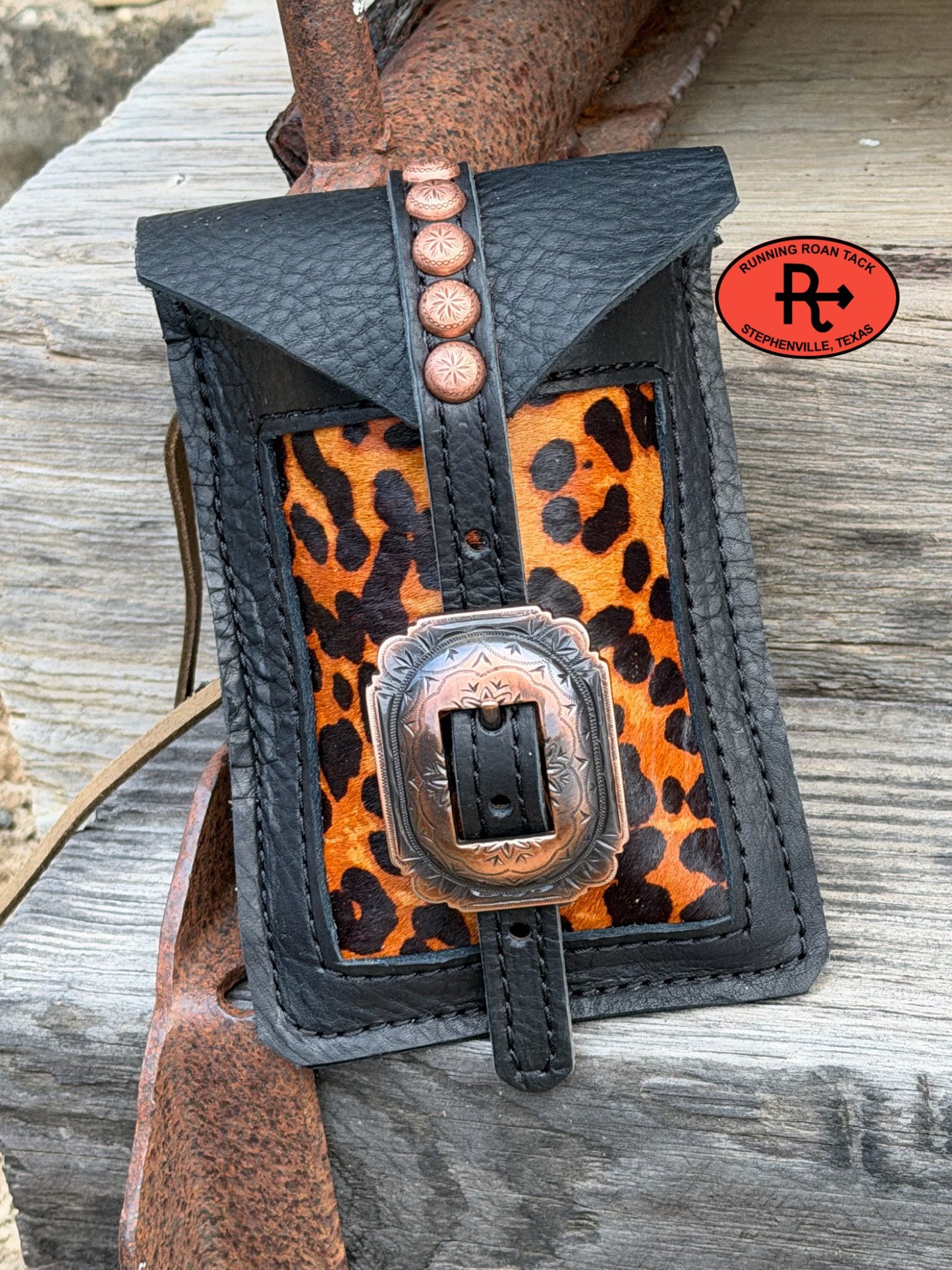 Black Leather Mini Saddle Bag with Leopard Inlay and Cart Buckle for Phone, Keys, Roping Powder, etc Minibag03022026-01