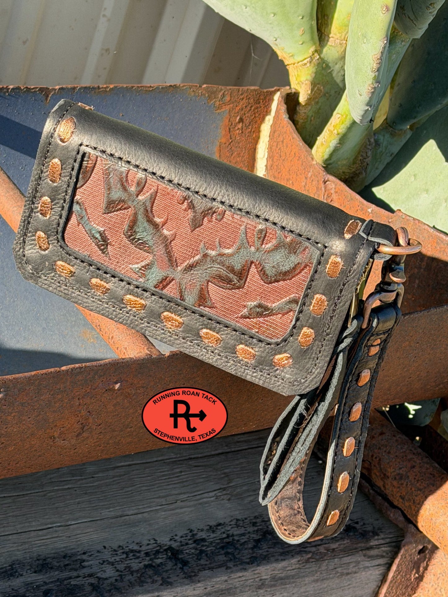"The Pecos" Black Leather Double Zip Wallet Wristlet Organizer Clutch with Midnight Boot Top Inlay and Metallic Bronze Pop Stitch Pecos03022026-08