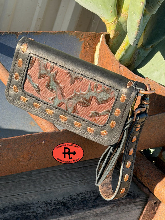 "The Pecos" Black Leather Double Zip Wallet Wristlet Organizer Clutch with Midnight Boot Top Inlay and Metallic Bronze Pop Stitch Pecos03022026-08