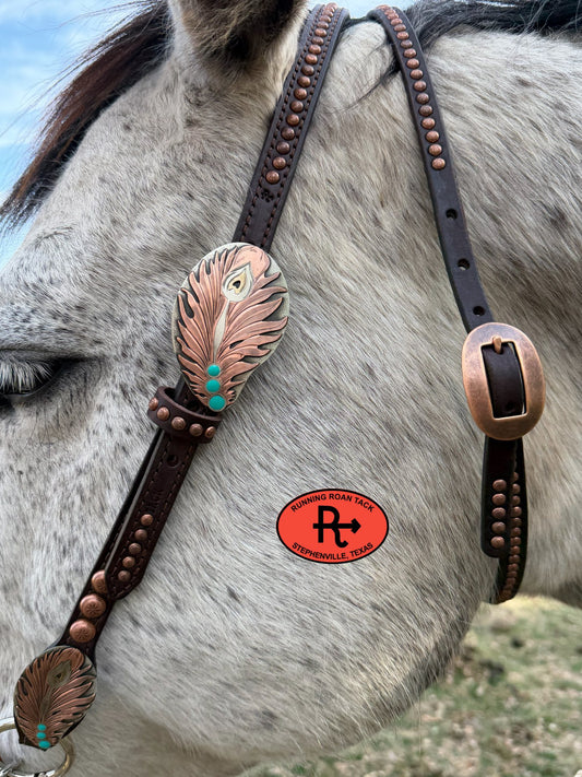 Single Ear Headstall with Throatlatch, Peacock Feather Hardware and Copper Dots 39"-43" Headstall03022026-01