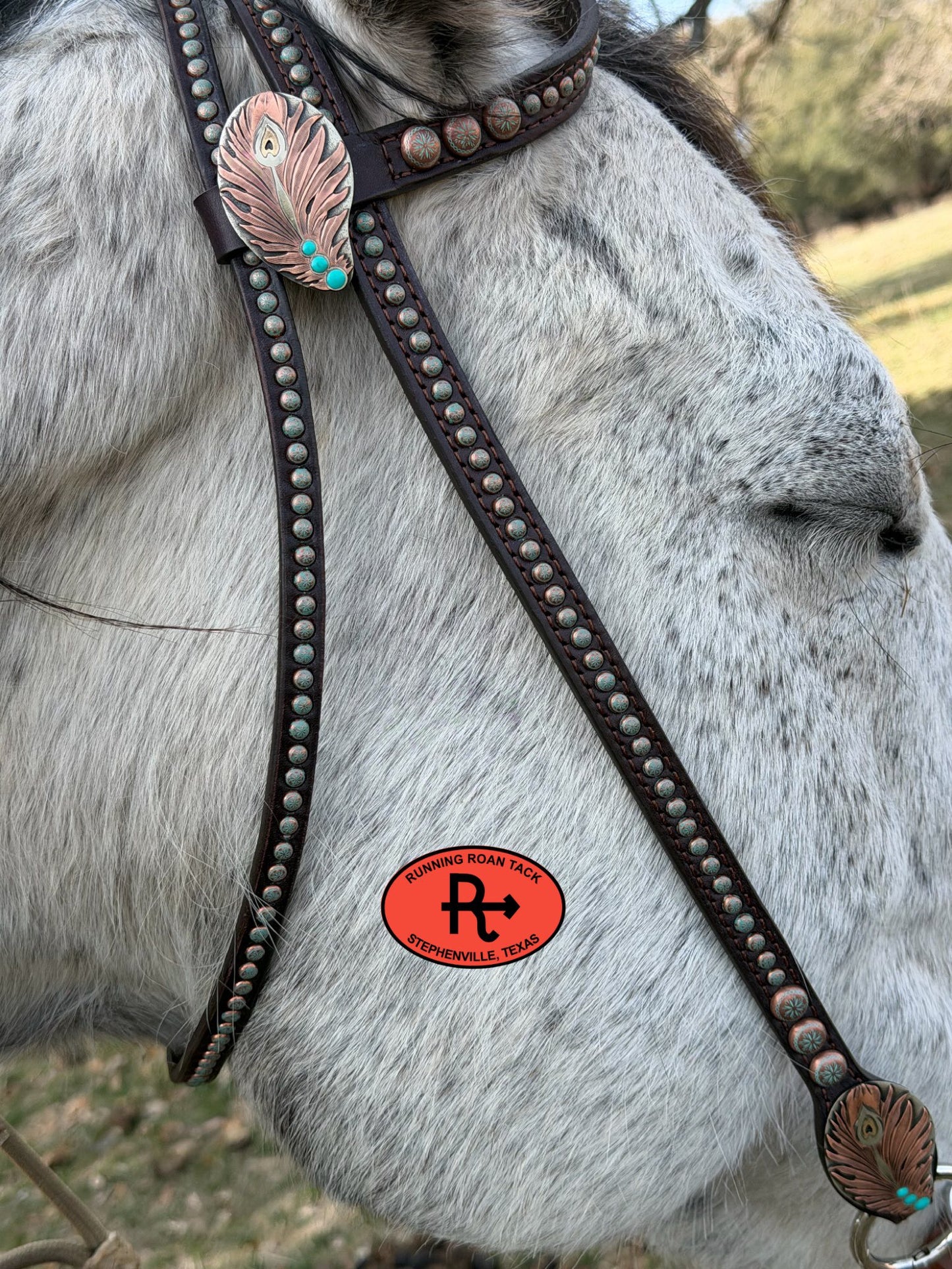 Single Ear Headstall with Throatlatch, Peacock Feather Hardware and Copper Patina Dots 39"-43" Headstall03022026-02