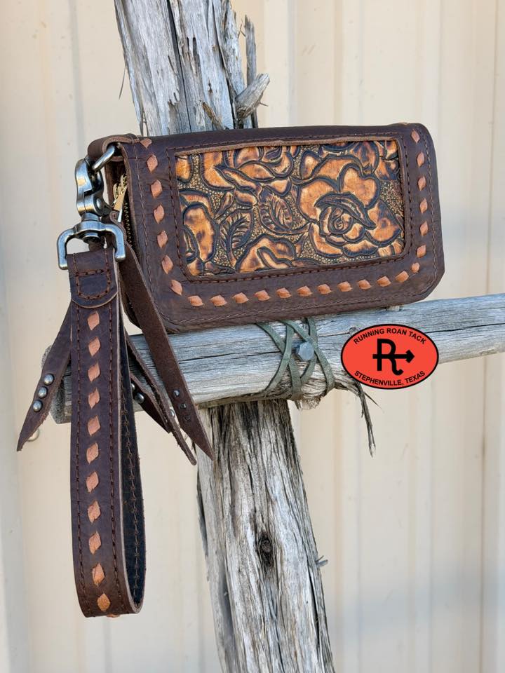 "The Pecos" Double Zip Wallet Wristlet Organizer Clutch with Rose Inlay and Tan Buckstitch Pecos03022026-03