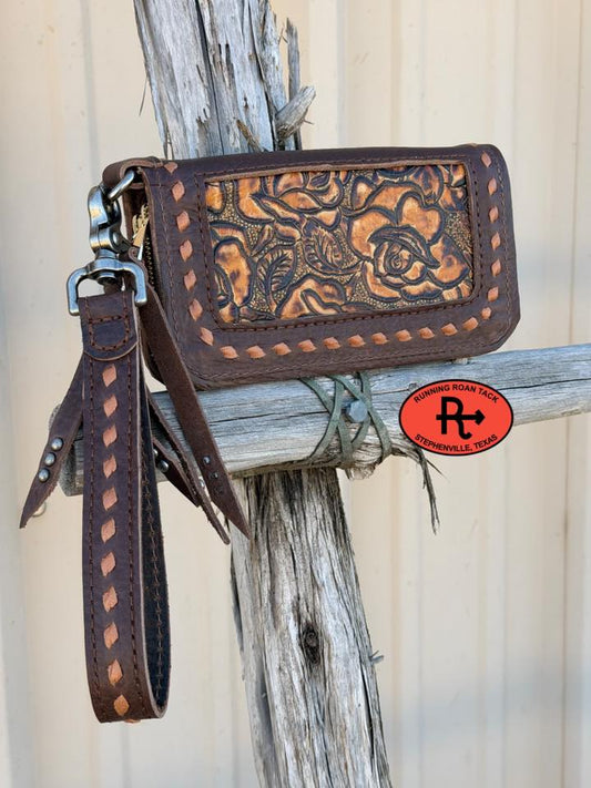 "The Pecos" Double Zip Wallet Wristlet Organizer Clutch with Rose Inlay and Tan Buckstitch Pecos03022026-03