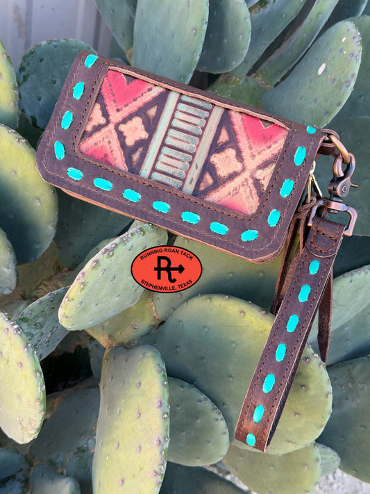 "The Pecos" Double Zip Wallet Wristlet Organizer Clutch with Red Aztec and Mint Pop Stitch Pecos03022026-04