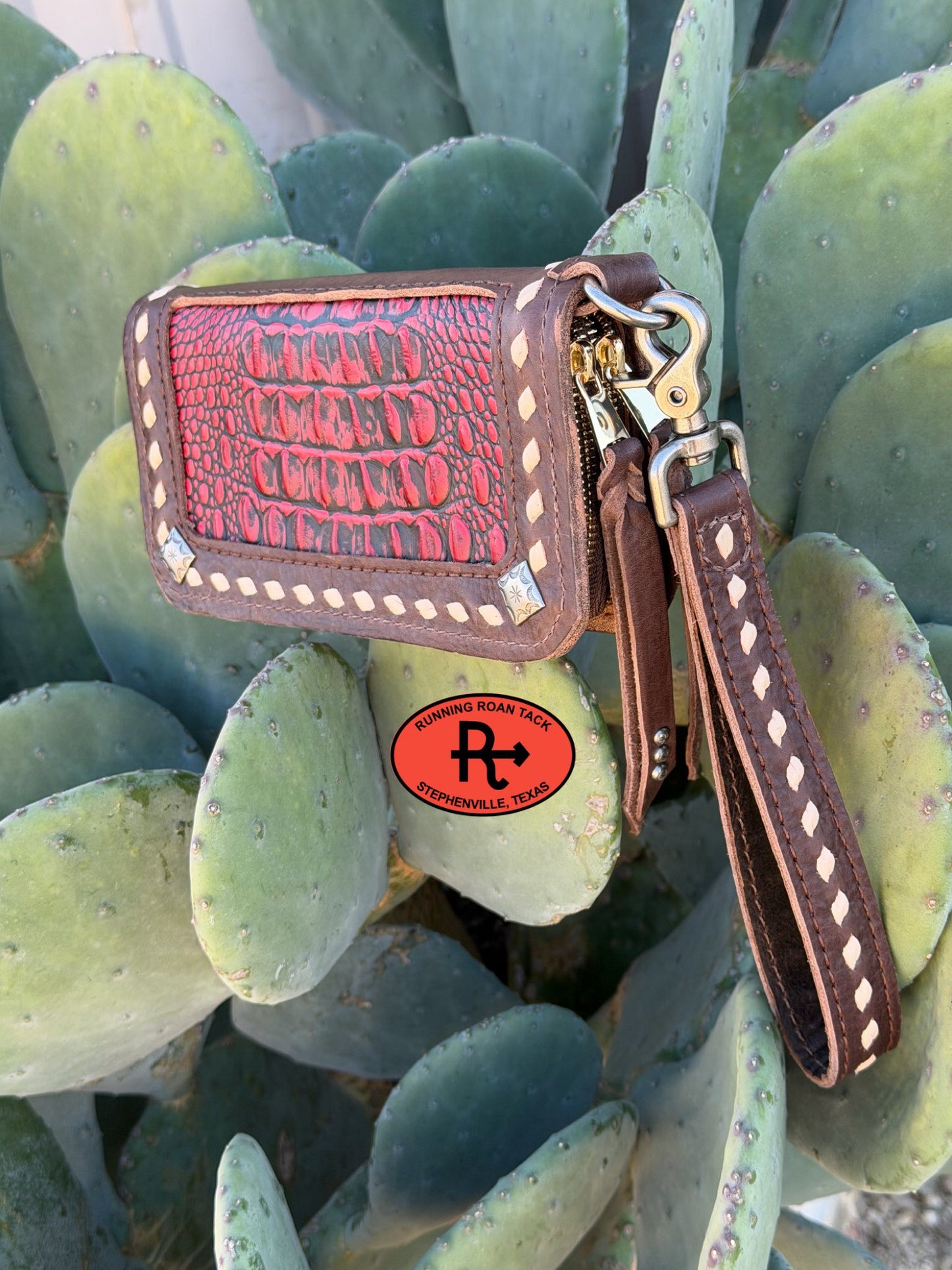 "The Pecos" Double Zip Wallet Wristlet Organizer Clutch with Red Croc Inlay and White Buckstitch Pecos03022026-01
