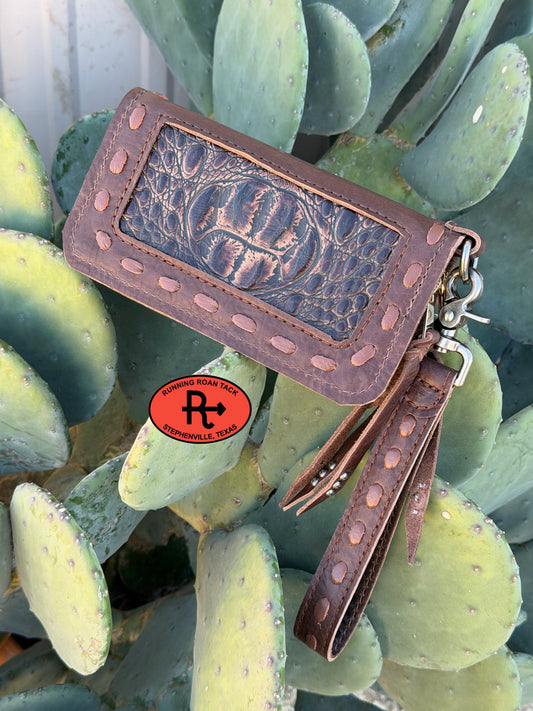 "The Pecos" Double Zip Wallet Wristlet Organizer Clutch with Dark Brown Croc and Whisky Pop Stitch Pecos03022026-06