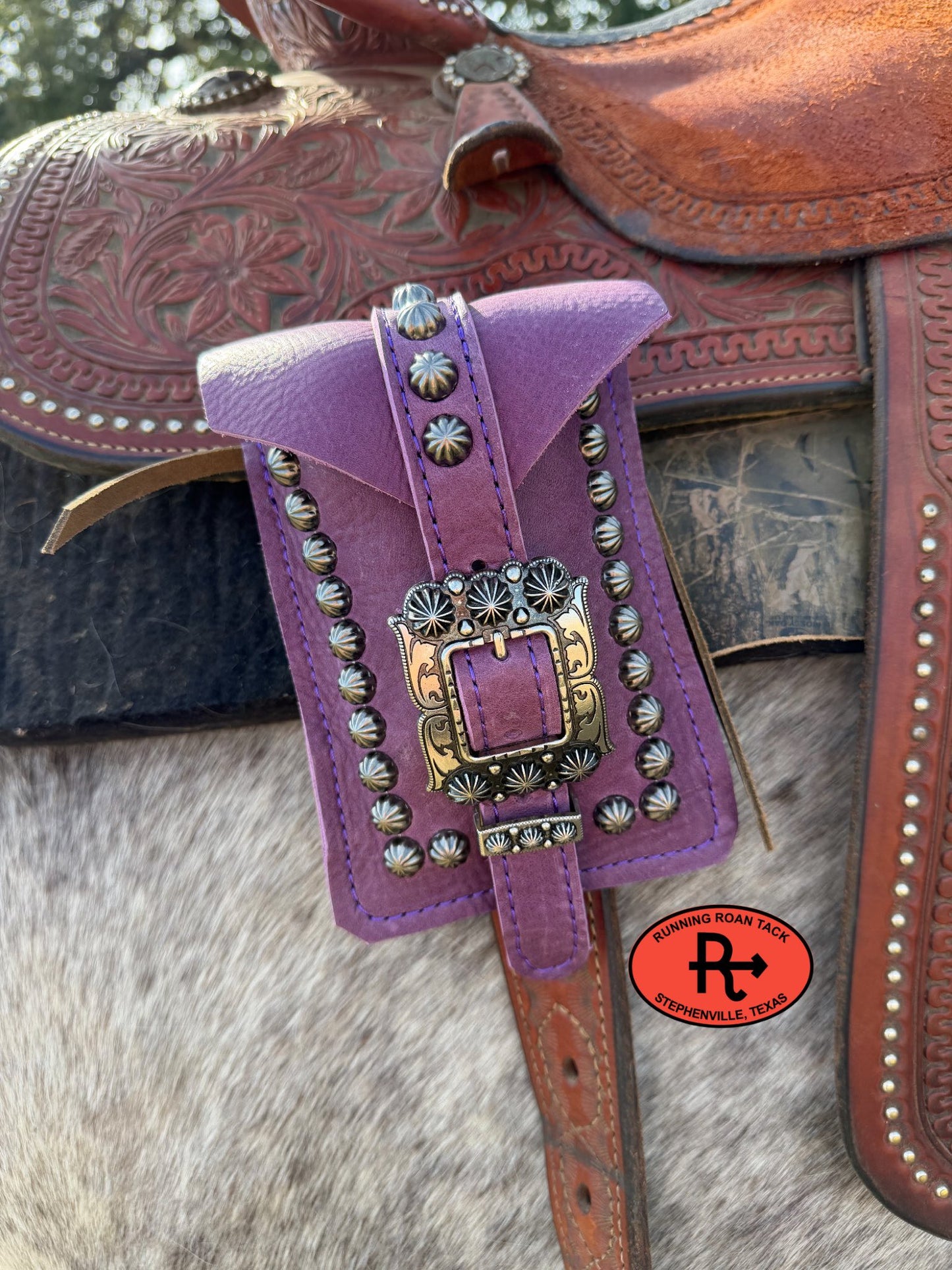 Purple Leather Mini Saddle Bag with Antique Silver Buckle for Phone, Keys, Roping Powder, etc