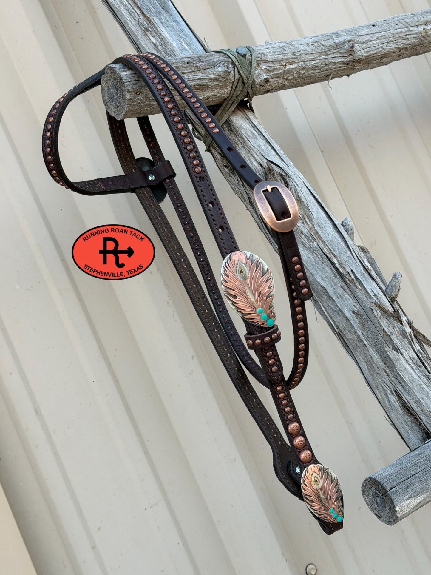 Single Ear Headstall with Throatlatch, Peacock Feather Hardware and Copper Dots 39"-43" Headstall03022026-01
