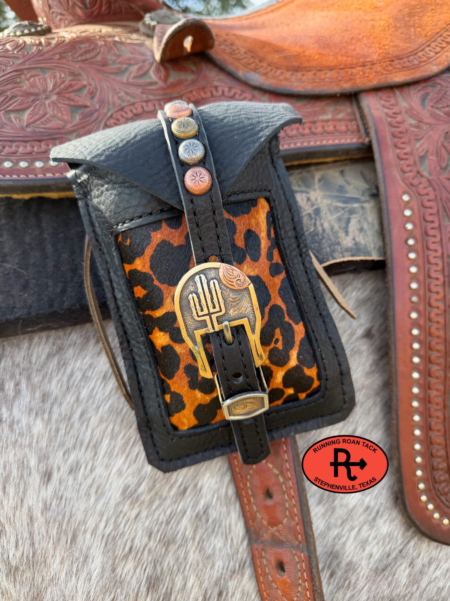 Black Leather Mini Saddle Bag with Leopard Inlay and German Silver Buckle for Phone, Keys, Roping Powder, etc Minibag03022026-03