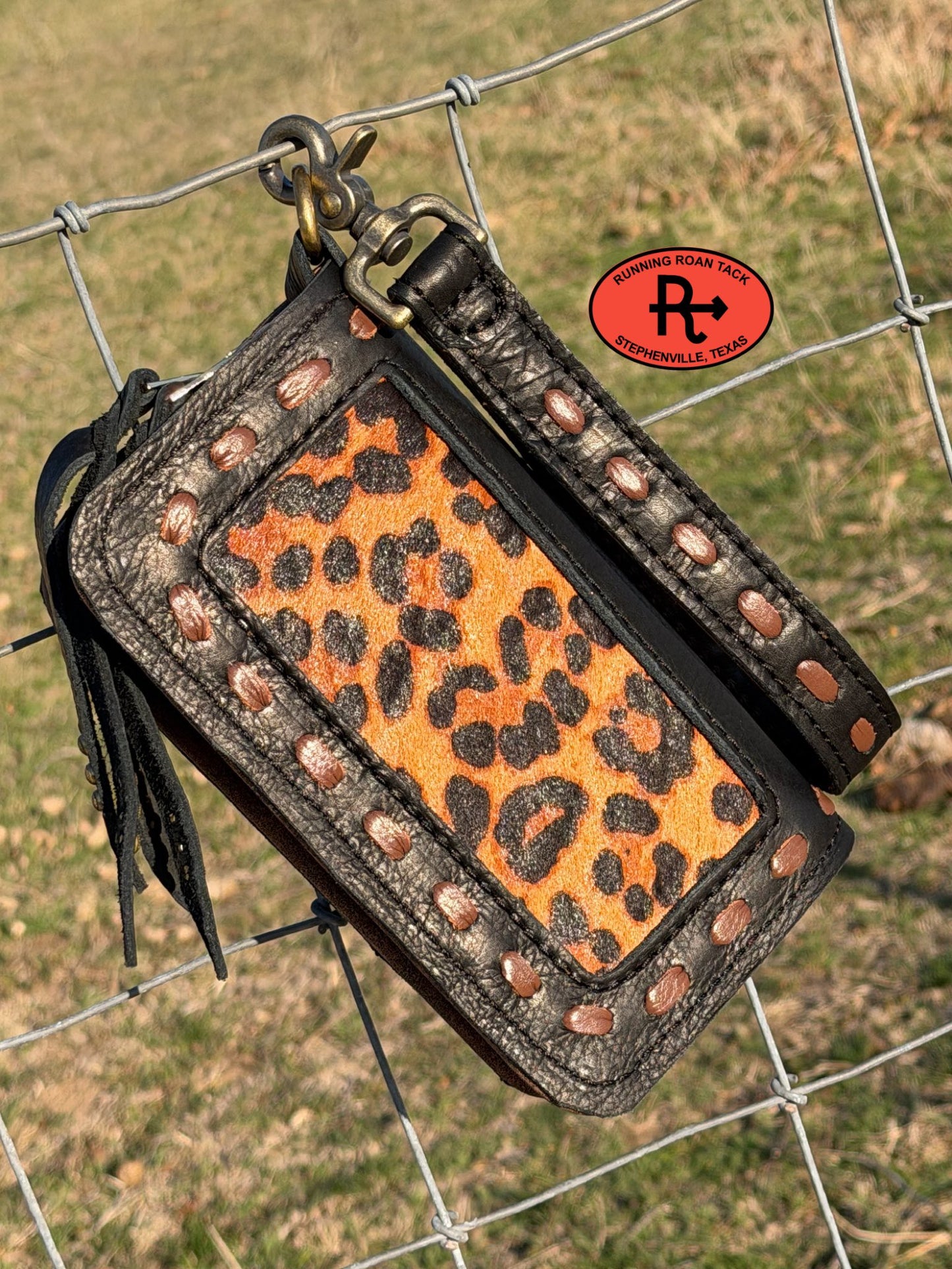 "The Pecos" Black Leather Double Zip Wallet Wristlet Organizer Clutch with Leopard Cowhide Inlay and Whisky Pop Stitch Pecos03022026-09