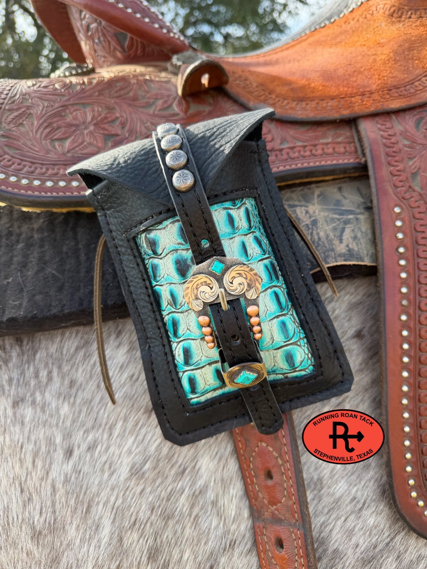 Black Leather Mini Saddle Bag with Turquoise Croc Inlay and German Silver Buckle for Phone, Keys, Roping Powder, etc Minibag03022026-04