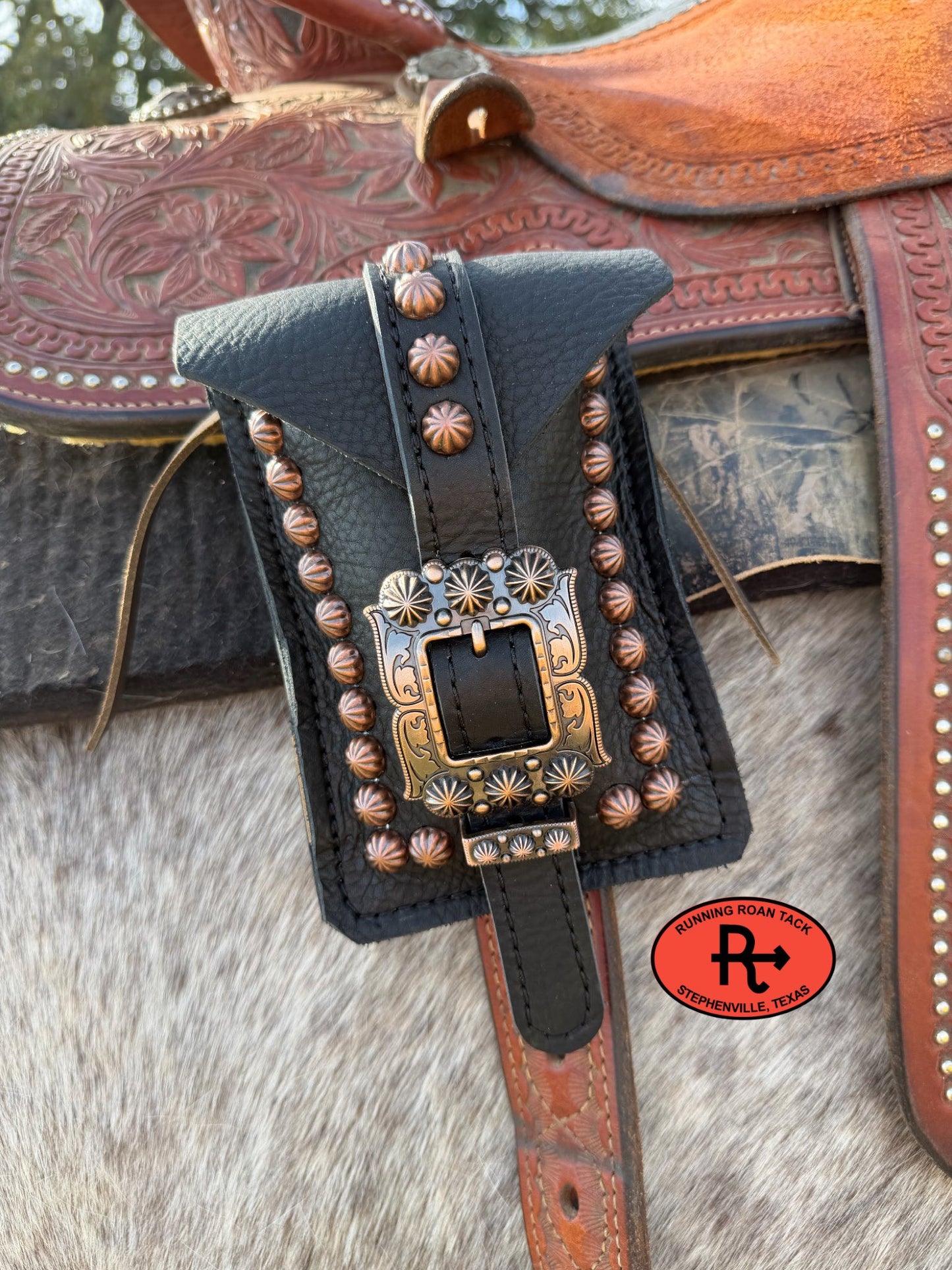 Black Leather Mini Saddle Bag with Large Copper Buckle for Phone, Keys, Roping Powder, etc