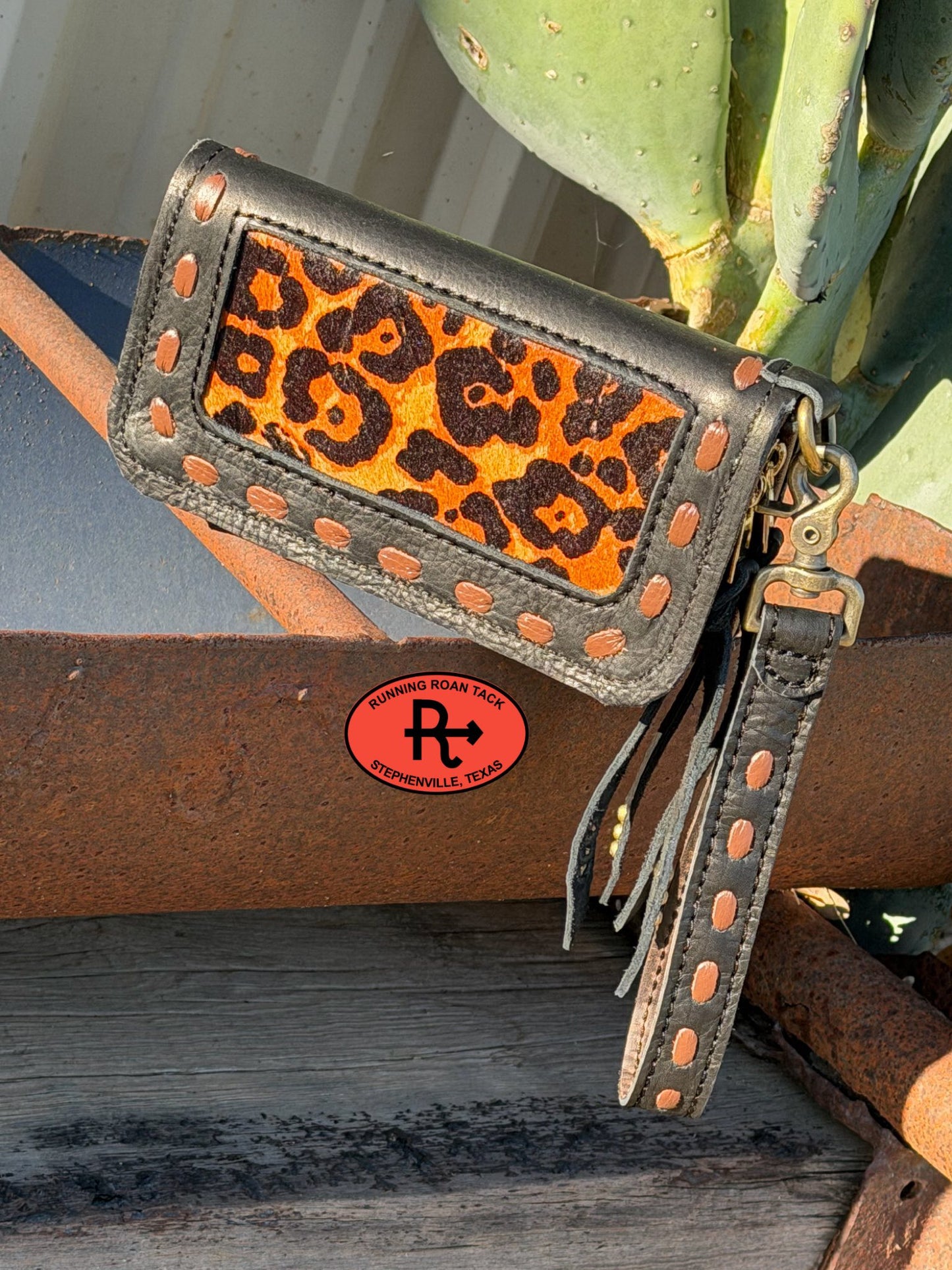 "The Pecos" Black Leather Double Zip Wallet Wristlet Organizer Clutch with Leopard Cowhide Inlay and Whisky Pop Stitch Pecos03022026-09