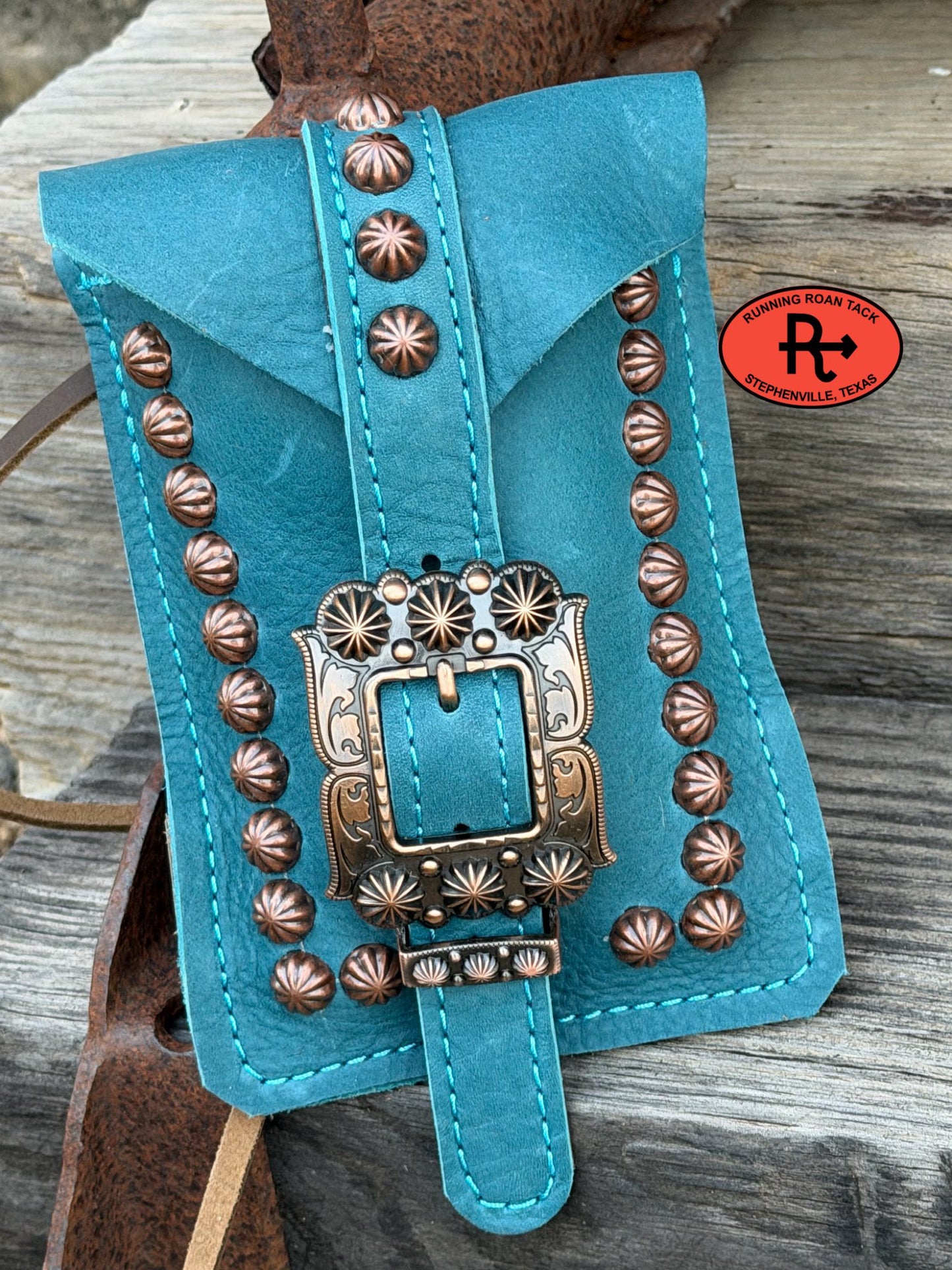 Turquoise Leather Mini Saddle Bag with Large Copper Buckle for Phone, Keys, Roping Powder, etc
