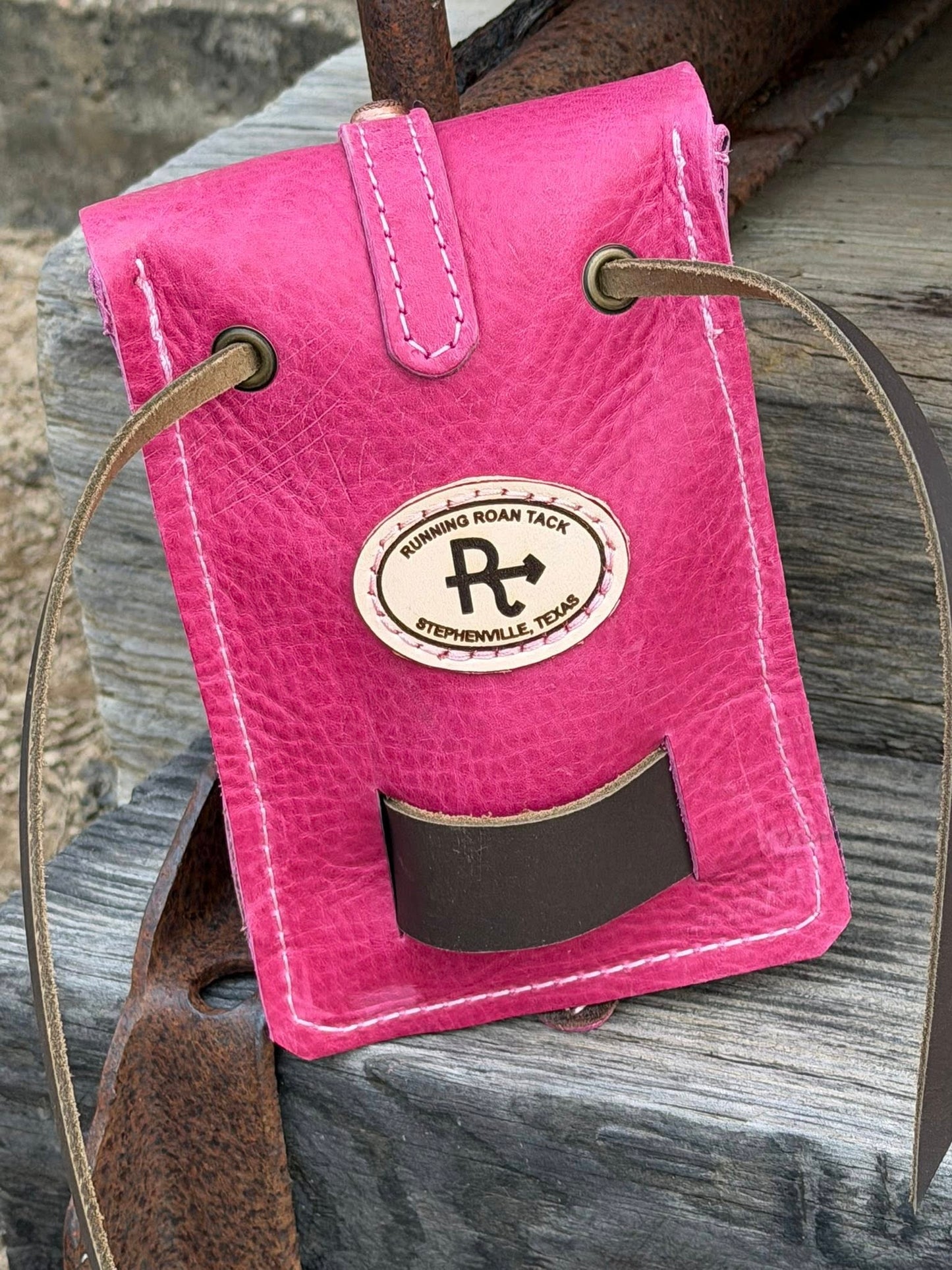 Pink Leather Mini Saddle Bag with Copper Buckle for Phone, Keys, Roping Powder, etc