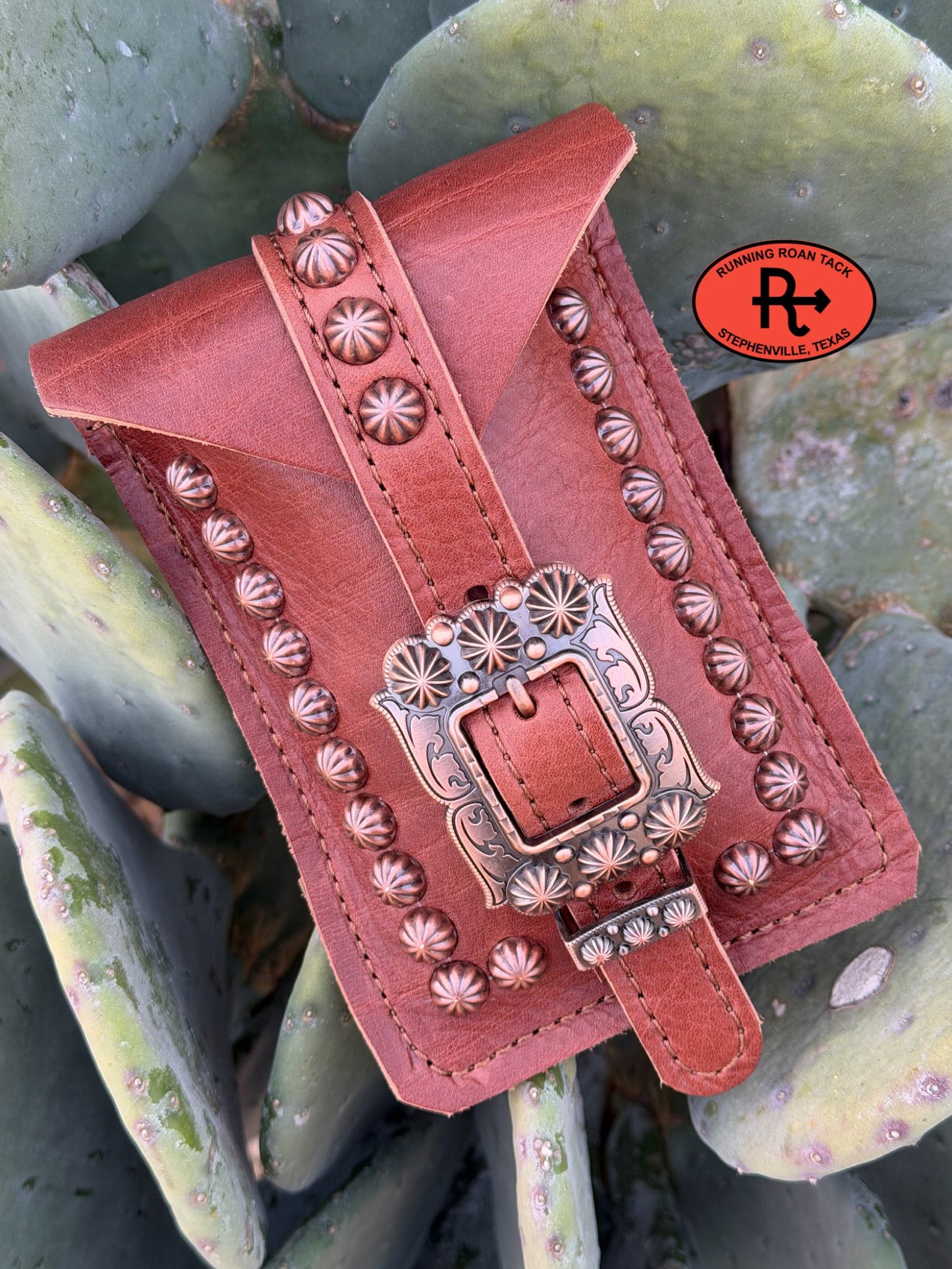 Medium Brown Leather Mini Saddle Bag with Large Copper Buckle for Phone, Keys, Roping Powder, etc