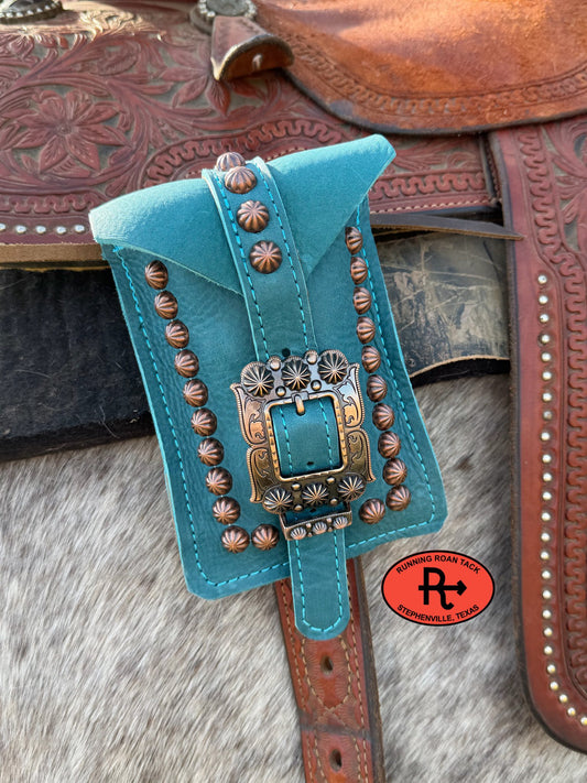 Turquoise Leather Mini Saddle Bag with Large Copper Buckle for Phone, Keys, Roping Powder, etc