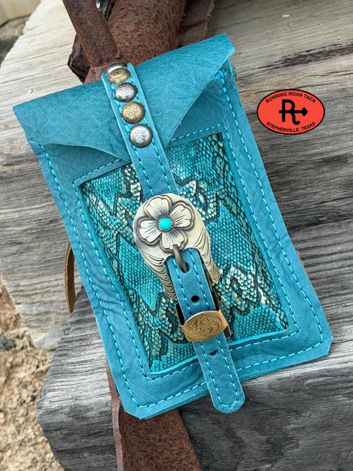 Turquoise Leather Mini Saddle Bag with Turquoise Snake Inlay and German Silver Buckle for Phone, Keys, Roping Powder, etc Minibag03022026-14