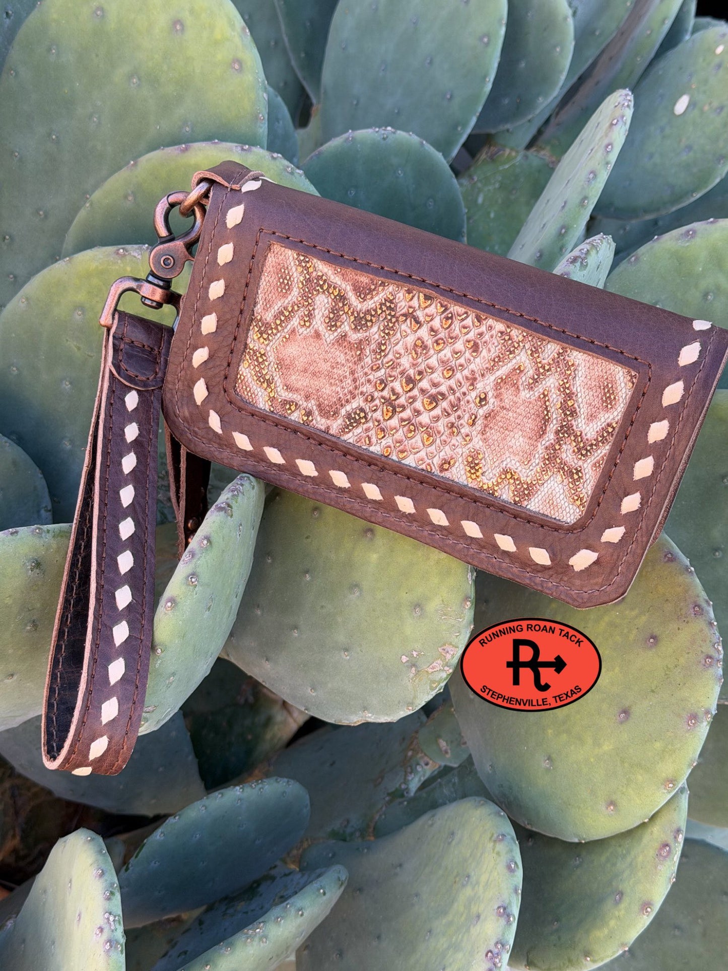 "The Pecos" Double Zip Wallet Wristlet Organizer Clutch with Snake Inlay and White Buckstitch Pecos03022026-02