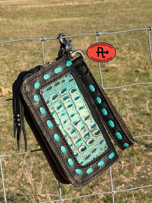 "The Pecos" Black Leather Double Zip Wallet Wristlet Organizer Clutch with Turquoise Croc Inlay and Turquoise Pop Stitch Pecos03022026-12