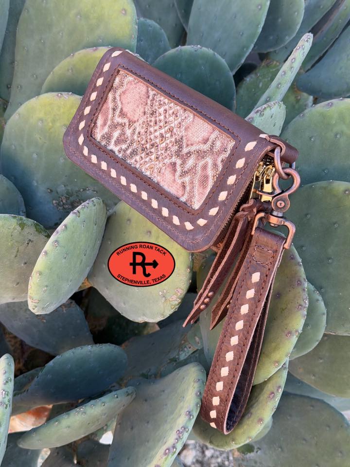 "The Pecos" Double Zip Wallet Wristlet Organizer Clutch with Snake Inlay and White Buckstitch Pecos03022026-02