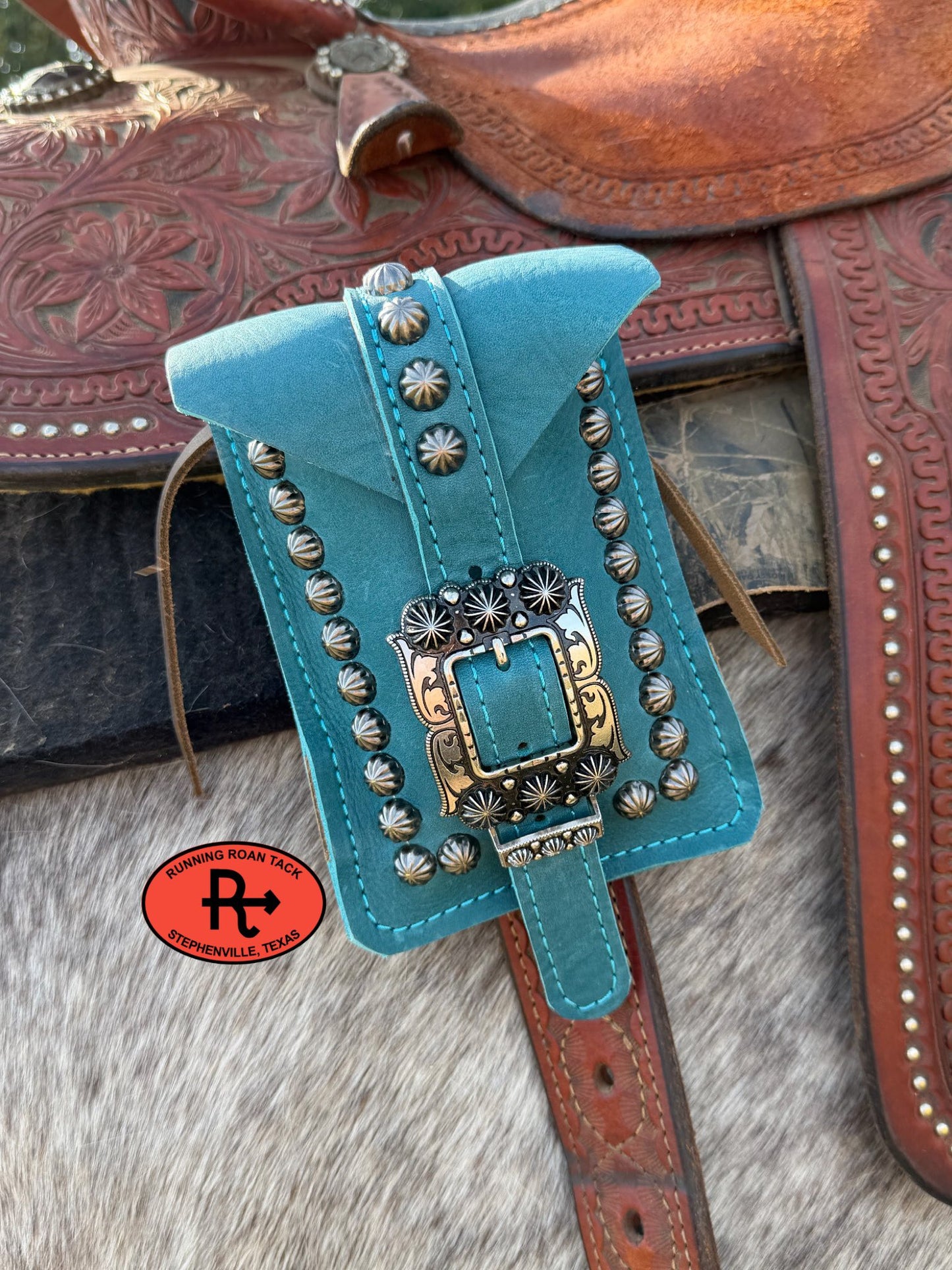 Turquoise Leather Mini Saddle Bag with Large Antique Silver Buckle for Phone, Keys, Roping Powder, etc