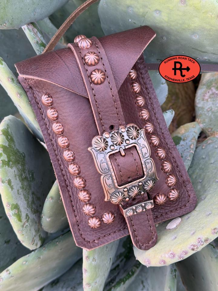 Chocolate Leather Mini Saddle Bag with Large Copper Buckle for Phone, Keys, Roping Powder, etc