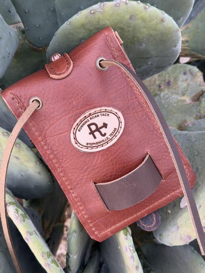 Medium Brown Leather Mini Saddle Bag with Large Copper Buckle for Phone, Keys, Roping Powder, etc