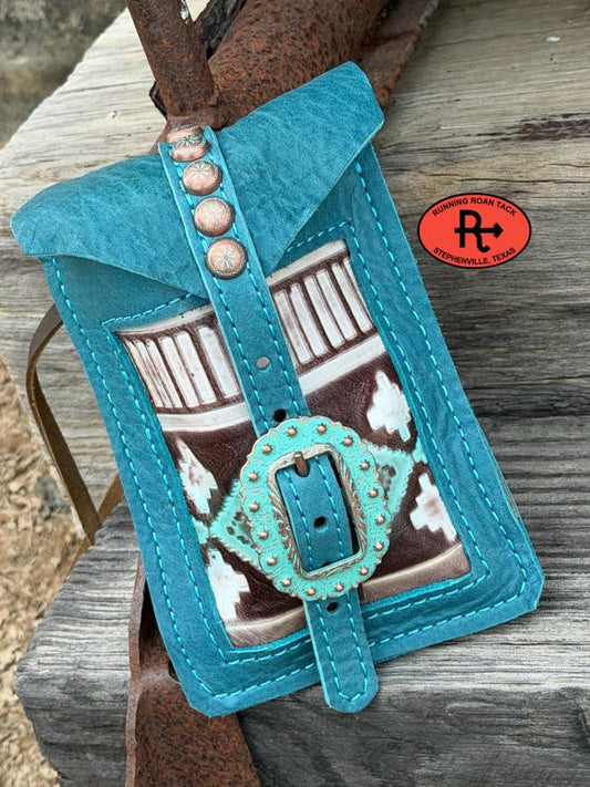 Turquoise Leather Mini Saddle Bag with Mint Aztec Inlay and Copper Patina Buckle for Phone, Keys, Roping Powder, etc Minibag03022026-12