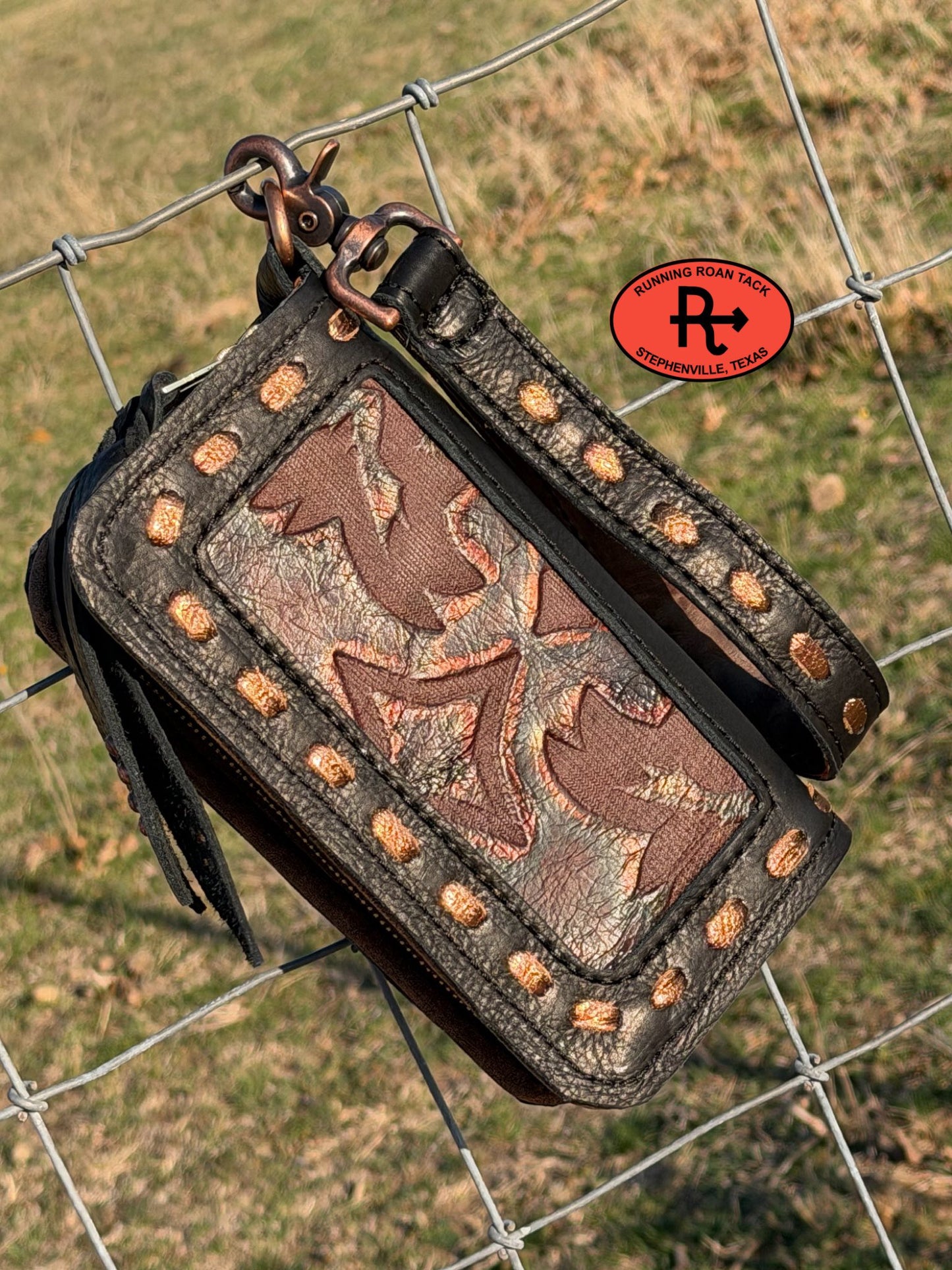 "The Pecos" Black Leather Double Zip Wallet Wristlet Organizer Clutch with Midnight Boot Top Inlay and Metallic Bronze Pop Stitch Pecos03022026-08