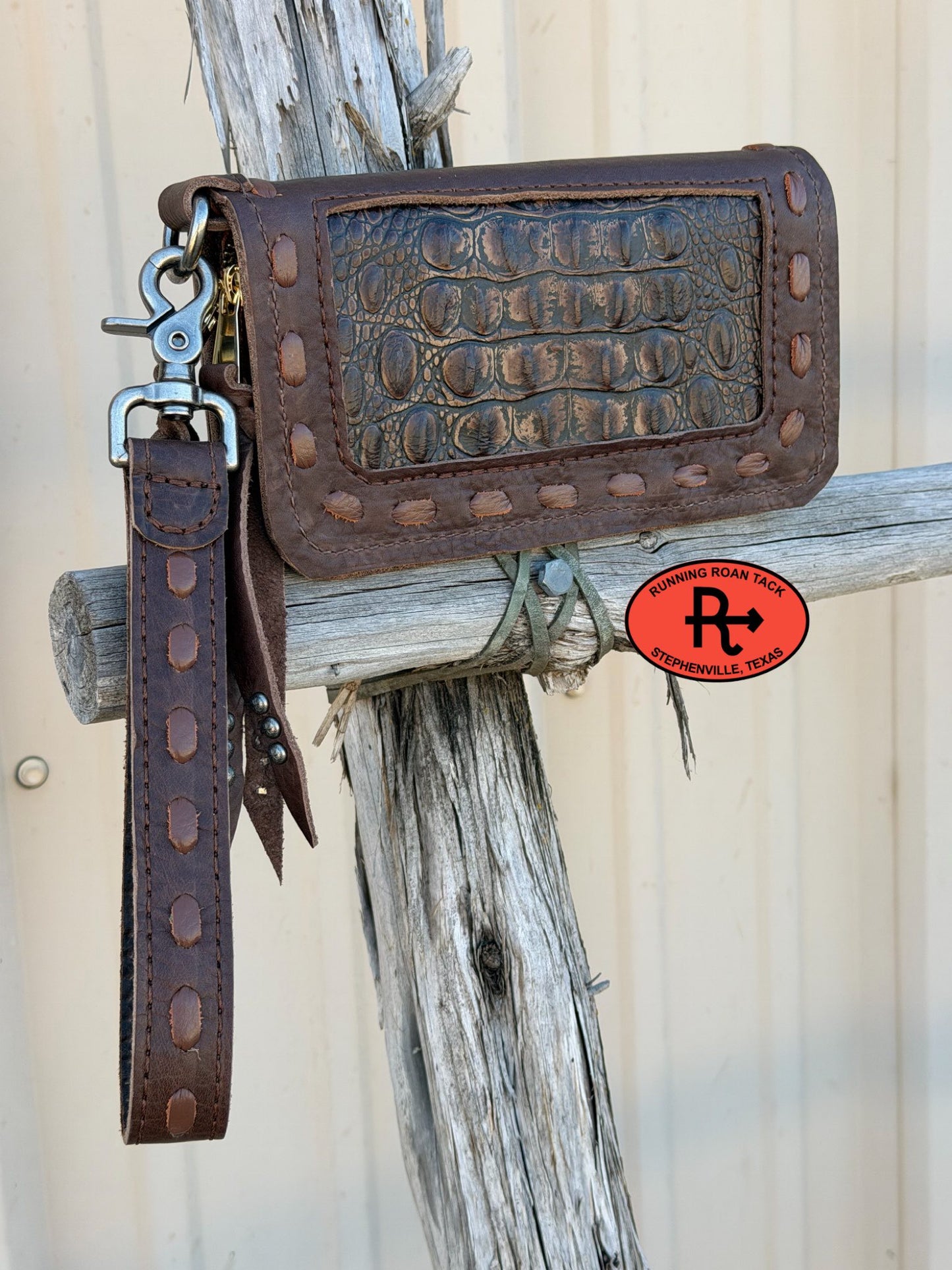 "The Pecos" Double Zip Wallet Wristlet Organizer Clutch with Dark Brown Croc and Whisky Pop Stitch Pecos03022026-06