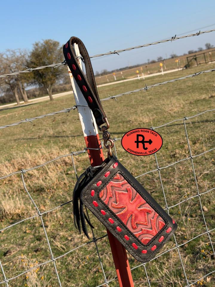 "The Pecos" Black Leather Double Zip Wallet Wristlet Organizer Clutch with Red Boot Top Inlay and Red Pop Stitch Pecos03022026-10