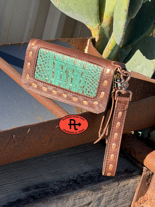 "The Pecos" Double Zip Wallet Wristlet Organizer Clutch with Turquoise Metallic Croc and Metallic Copper Pop Stitch Pecos03022026-05