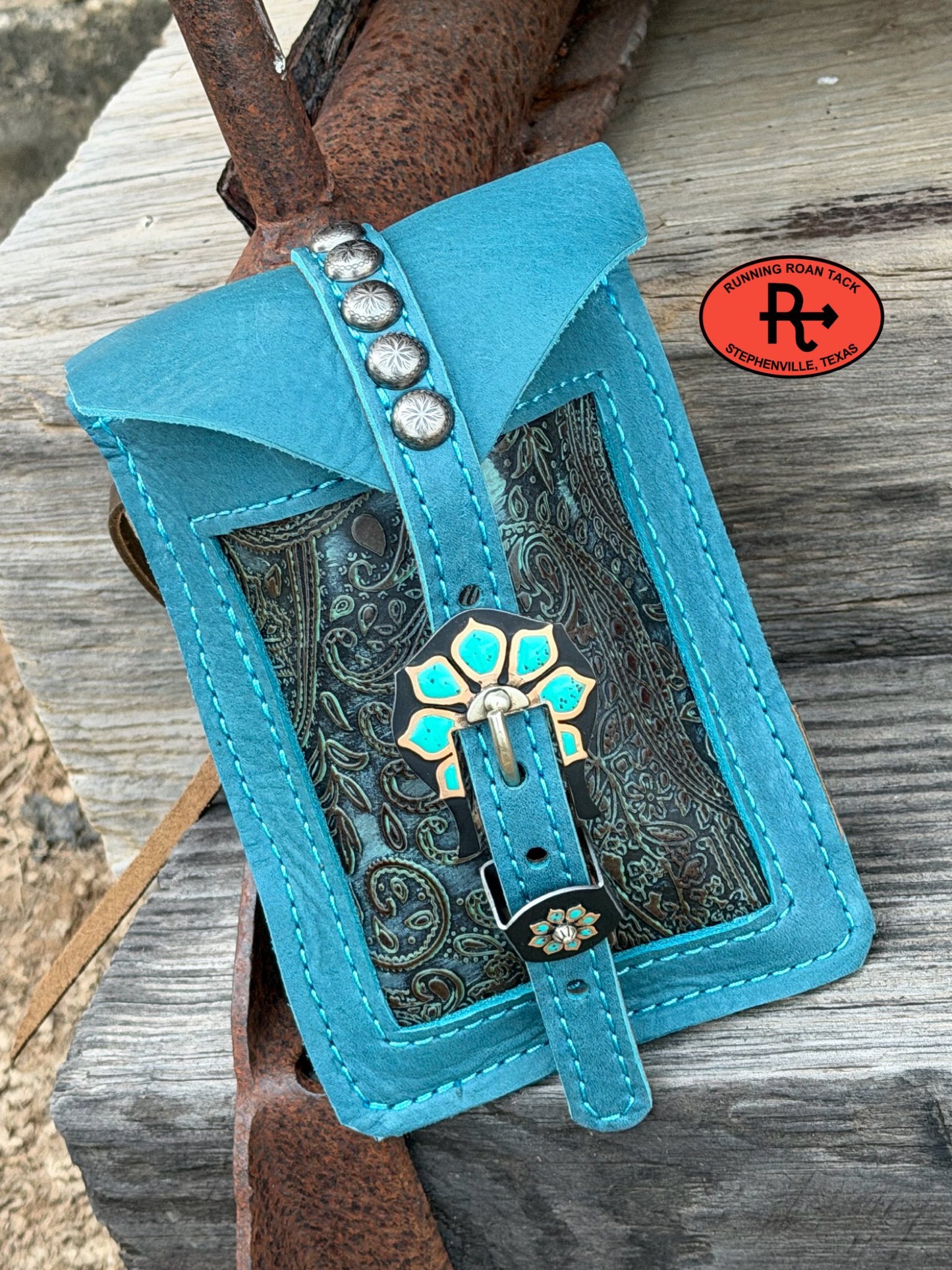 Turquoise Leather Mini Saddle Bag with Midnight Paisley Inlay and German Silver Buckle for Phone, Keys, Roping Powder, etc Minibag03022026-15