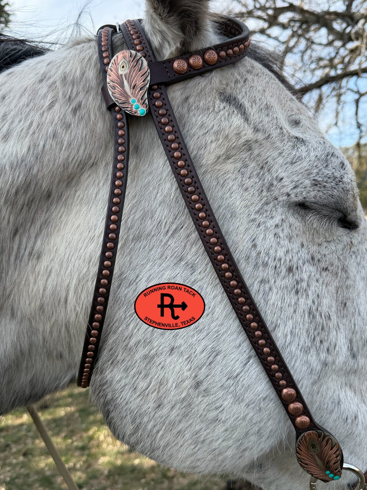 Single Ear Headstall with Throatlatch, Peacock Feather Hardware and Copper Dots 39"-43" Headstall03022026-01