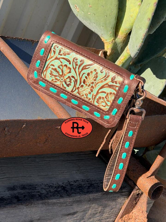 "The Pecos" Double Zip Wallet Wristlet Organizer Clutch with Mint Floral Inlay and Mint Pop Stitch Pecos03022026-07