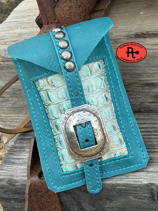 Turquoise Leather Mini Saddle Bag with Blue Croc Inlay and Antique Silver Buckle for Phone, Keys, Roping Powder, etc Minibag03022026-11