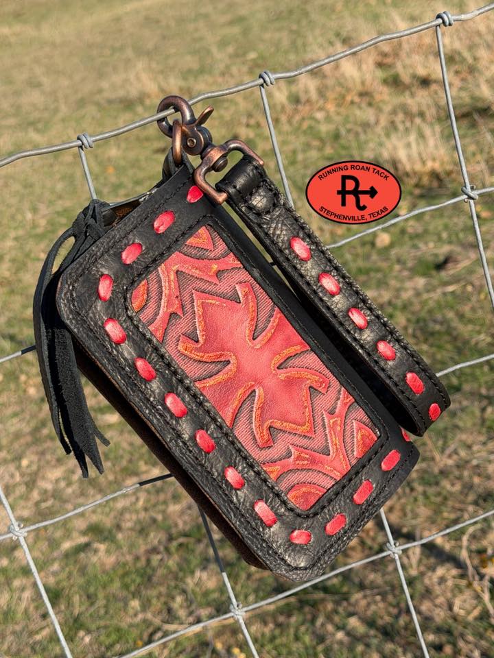 "The Pecos" Black Leather Double Zip Wallet Wristlet Organizer Clutch with Red Boot Top Inlay and Red Pop Stitch Pecos03022026-10