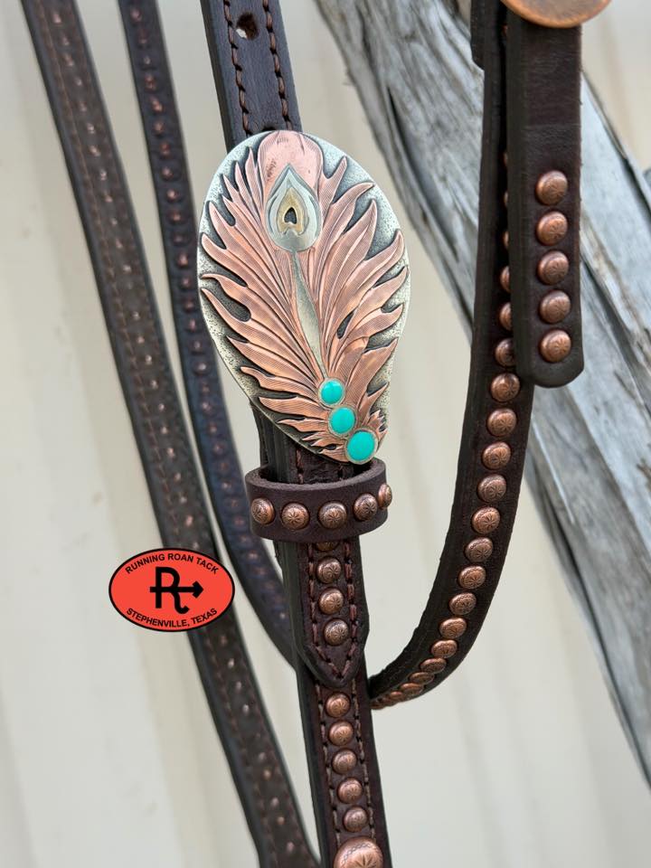 Single Ear Headstall with Throatlatch, Peacock Feather Hardware and Copper Dots 39"-43" Headstall03022026-01