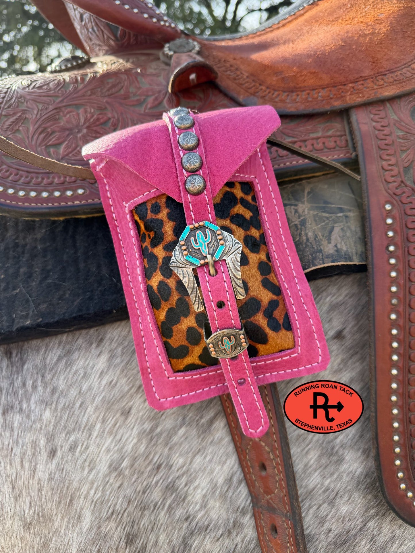 Pink Leather Mini Saddle Bag with Leopard Cowhide Inlay and German Silver Buckle for Phone, Keys, Roping Powder, etc Minibag03022026-08