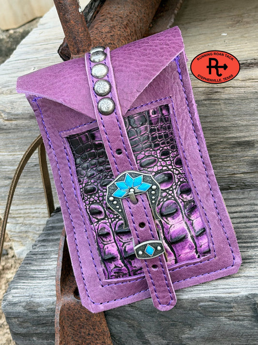 Purple Leather Mini Saddle Bag with Purple Croc Inlay and Antique Silver Buckle for Phone, Keys, Roping Powder, etc Minibag03022026-10