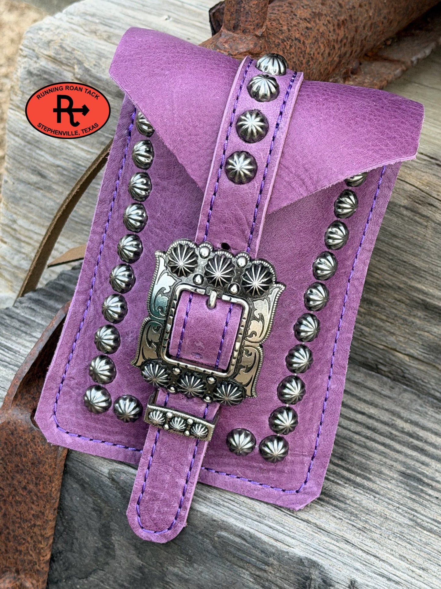 Purple Leather Mini Saddle Bag with Antique Silver Buckle for Phone, Keys, Roping Powder, etc