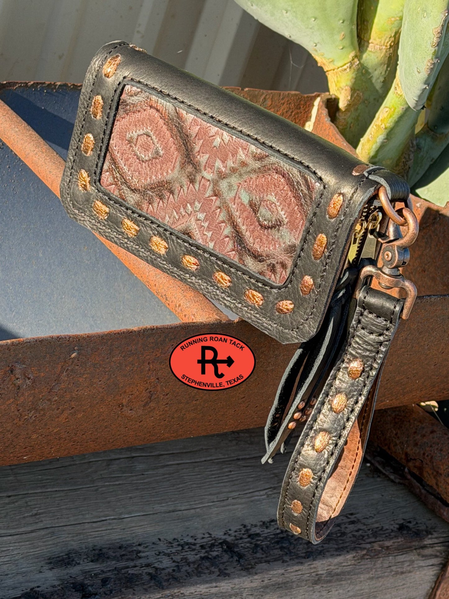 "The Pecos" Black Leather Double Zip Wallet Wristlet Organizer Clutch with Midnight Aztec Inlay and Metallic Bronze Pop Stitch Pecos03022026-11