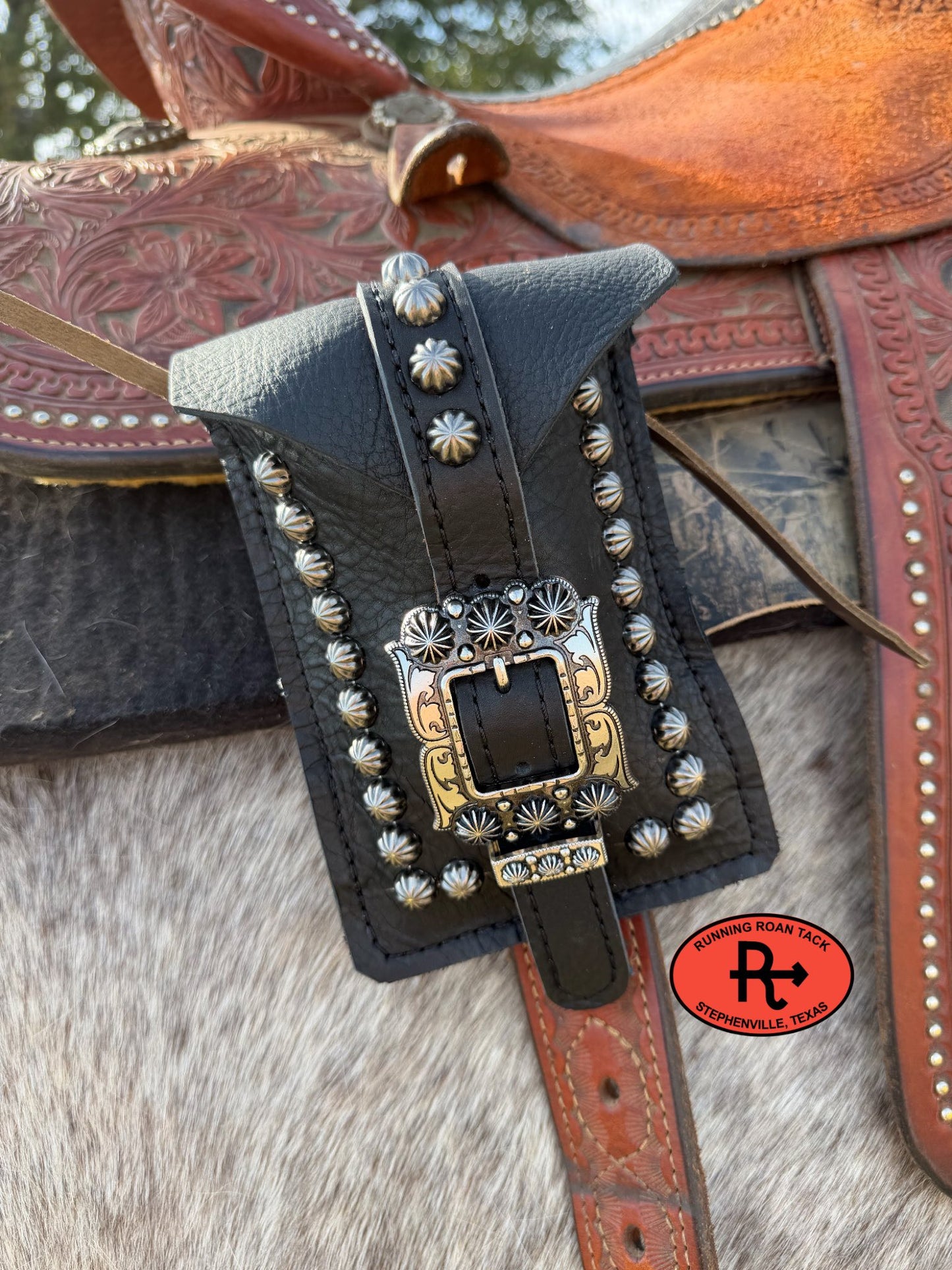Black Leather Mini Saddle Bag with Large Antique Silver Buckle for Phone, Keys, Roping Powder, etc