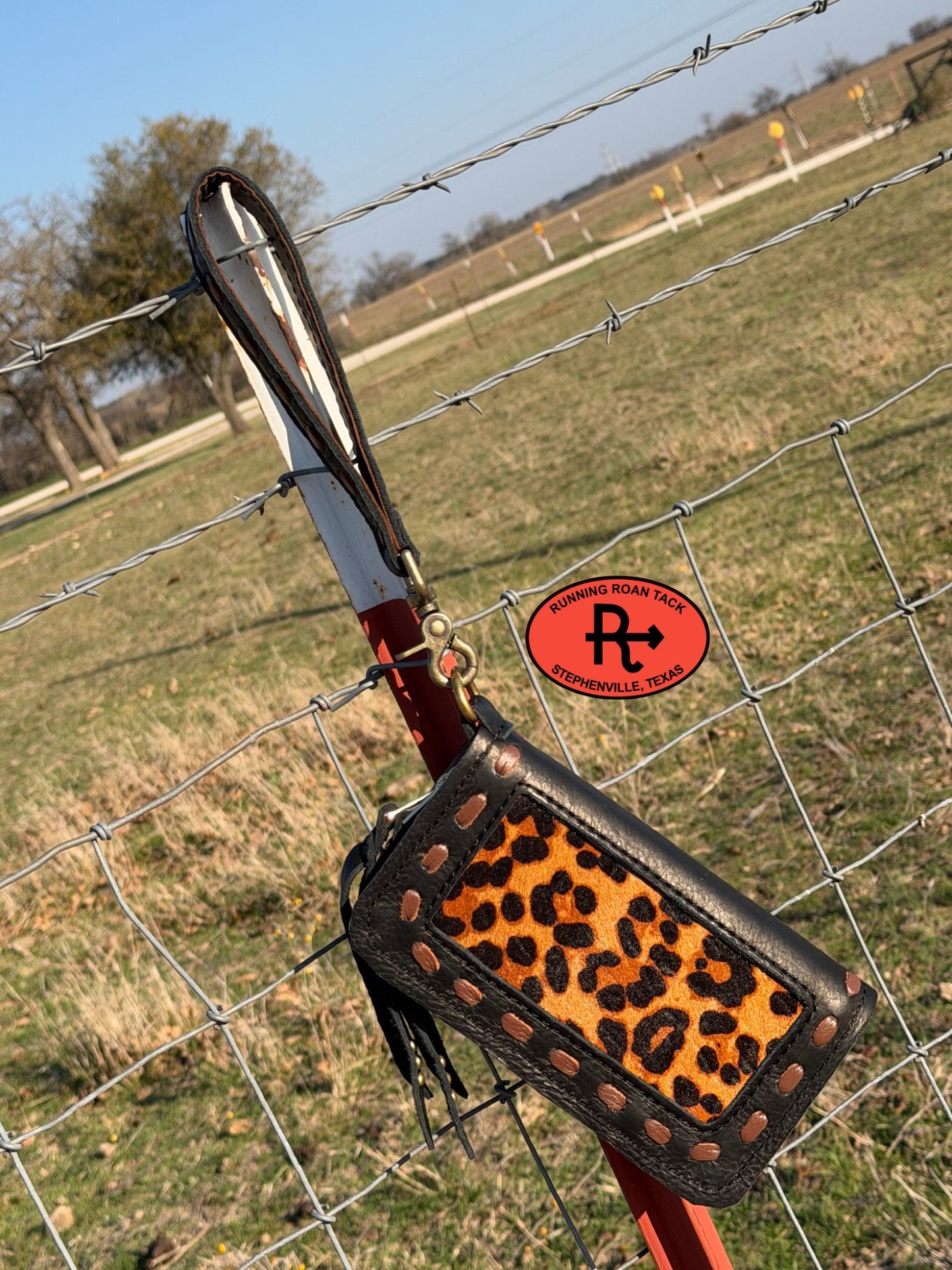 "The Pecos" Black Leather Double Zip Wallet Wristlet Organizer Clutch with Leopard Cowhide Inlay and Whisky Pop Stitch Pecos03022026-09