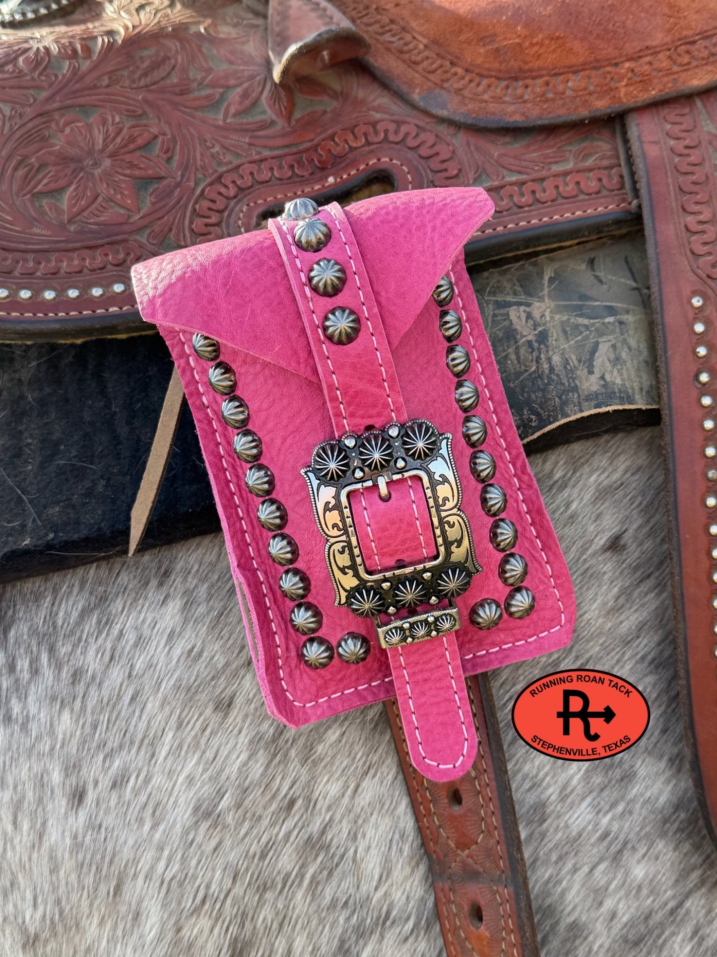 Pink Leather Mini Saddle Bag with Large Antique Silver Buckle for Phone, Keys, Roping Powder, etc