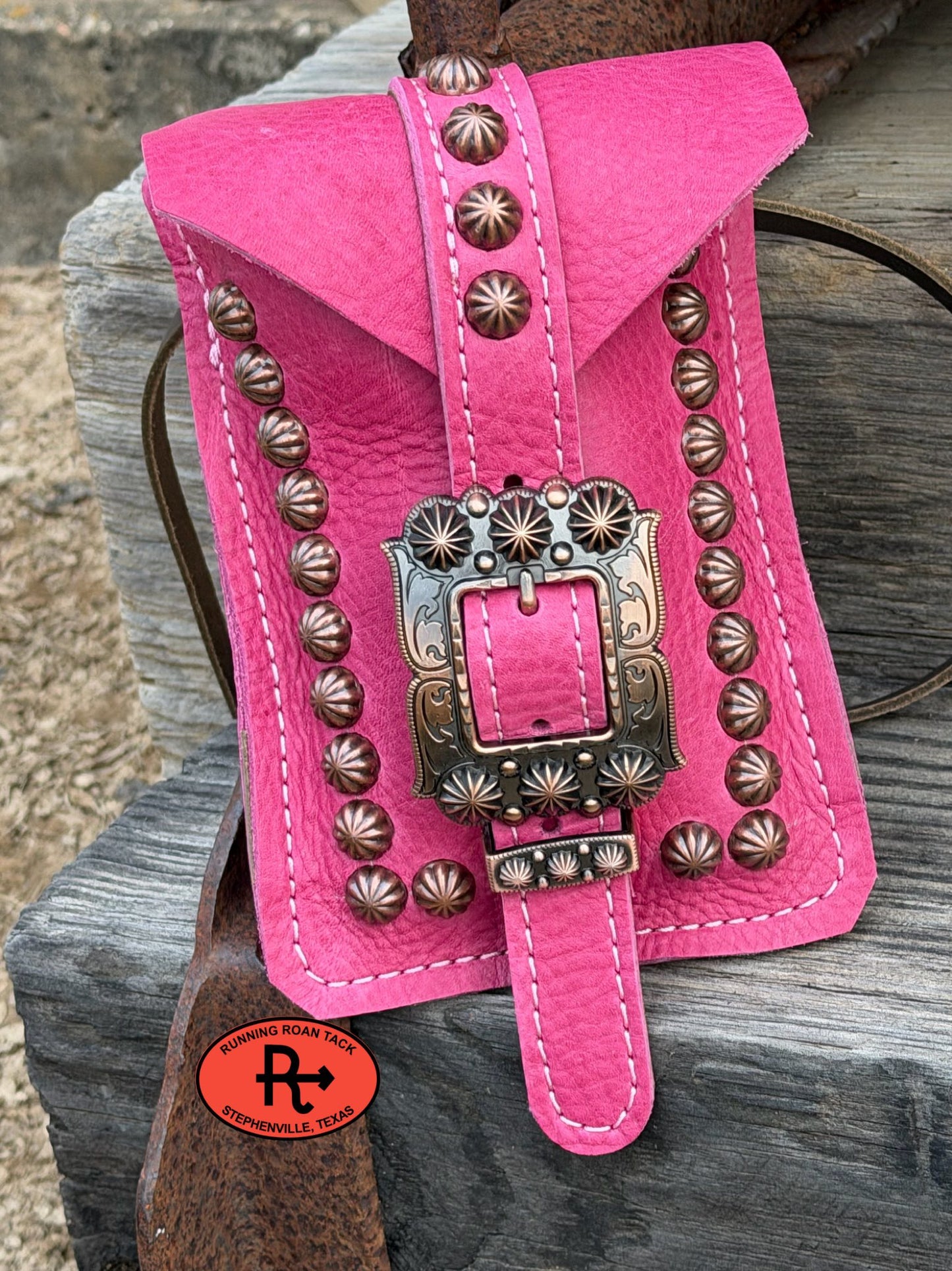 Pink Leather Mini Saddle Bag with Copper Buckle for Phone, Keys, Roping Powder, etc