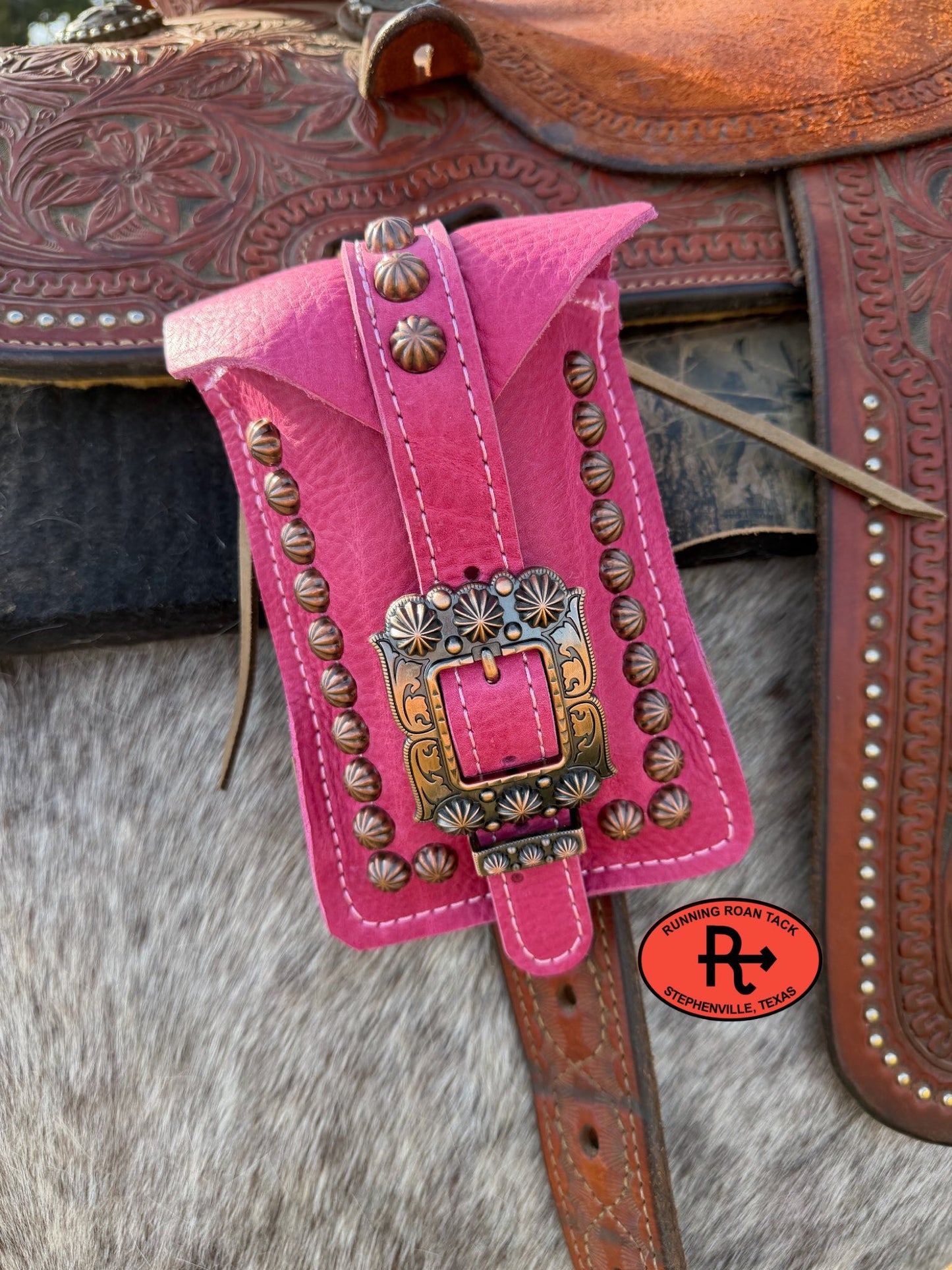 Pink Leather Mini Saddle Bag with Copper Buckle for Phone, Keys, Roping Powder, etc