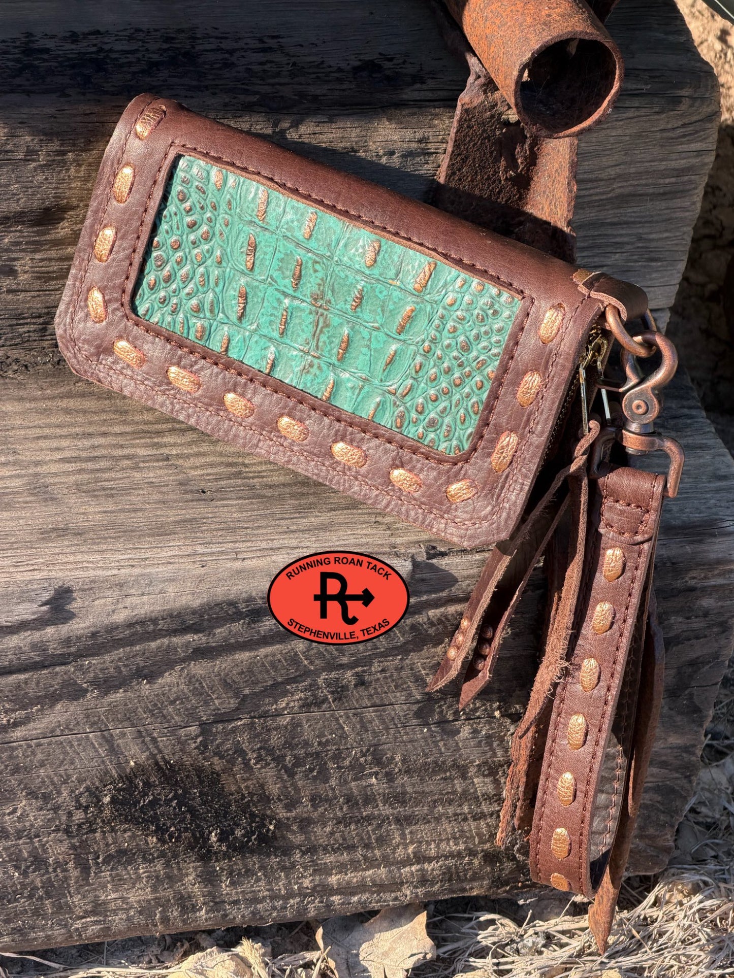 "The Pecos" Double Zip Wallet Wristlet Organizer Clutch with Turquoise Metallic Croc and Metallic Copper Pop Stitch Pecos03022026-05